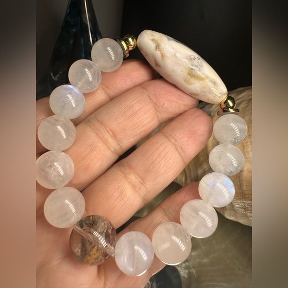 MOONSTONE + DENDRITIC AGATE + PHANTOM NATURAL BRACELET SIZE 7” - Picture 9 of 15